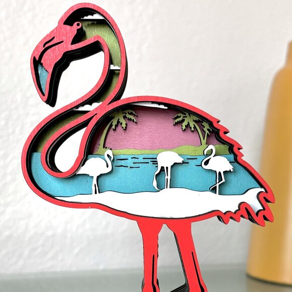 Tropical Pink Flamingo Water Bird Wood Wooden 3D Diorama Sculpture Figure Decor - Picture 1 of 10